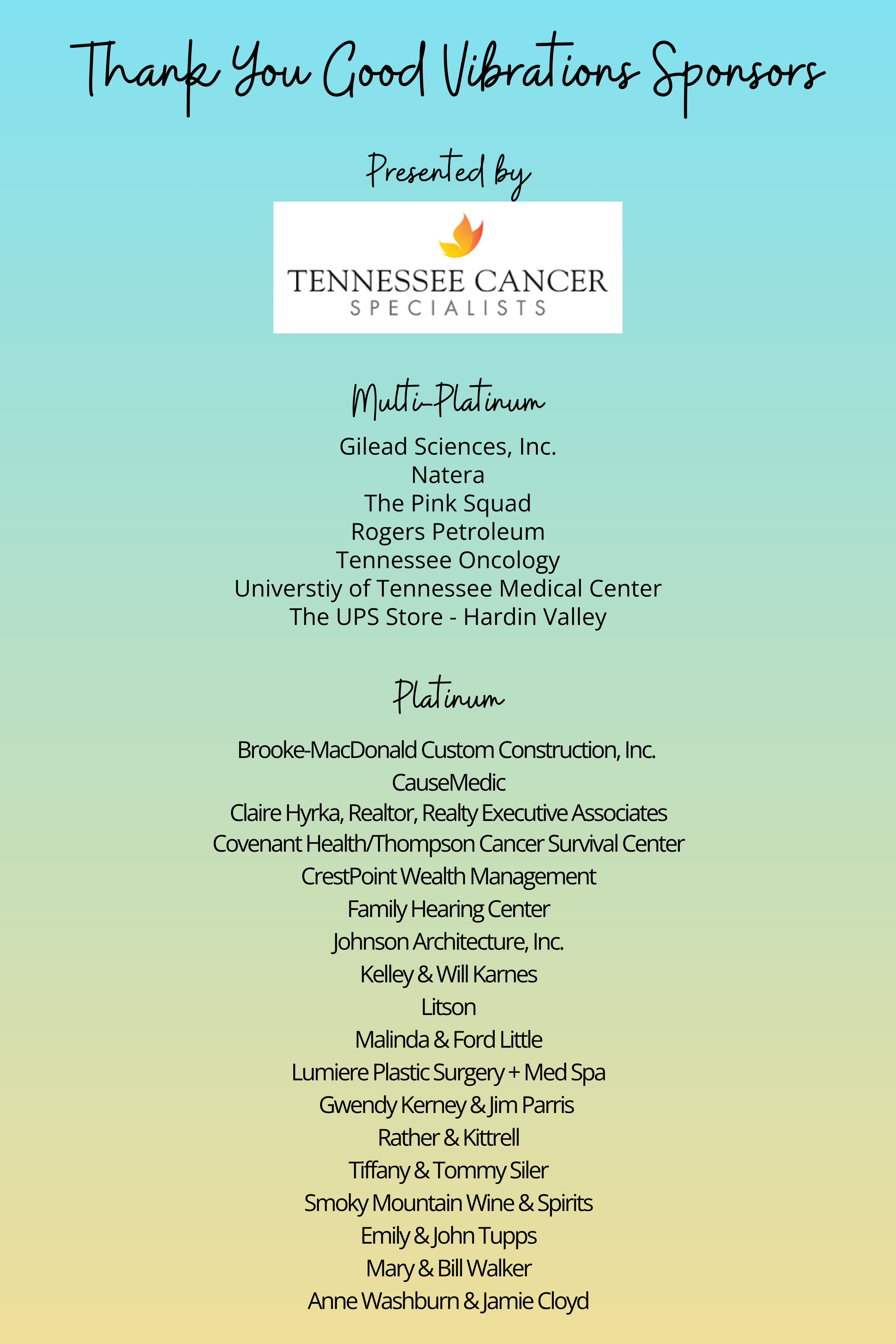 Thank you to the 2026 Good Vibrations Sponsors. Presented by Tennessee Cancer Specialists